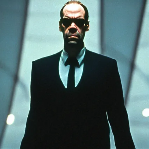 Image similar to close - up of hugo weaving as agent smith in the matrix, movie still frame, promotional image, imax 7 0 mm footage