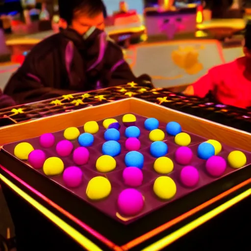 Prompt: Chinese checkers being played on a spaceship, synthwave