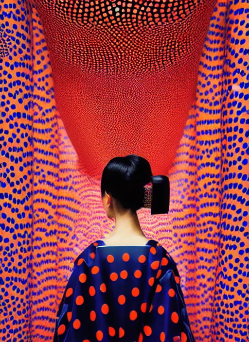 Image similar to hyperrealistic detailed image of a geisha in a art installation room, hd smooth interior by yayoi kusama, part by kei mieno, part by ross tran, dark art by james jean, ultra realistic, highly detailed, life like face, detailed body, 8 k, 3 d render by roger magrini, masterpiece