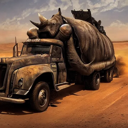 Image similar to truck as a rhinoceros in the style of mad max, cinematic composition, intricate photorealism, high detail, many exotic high end features, concept art