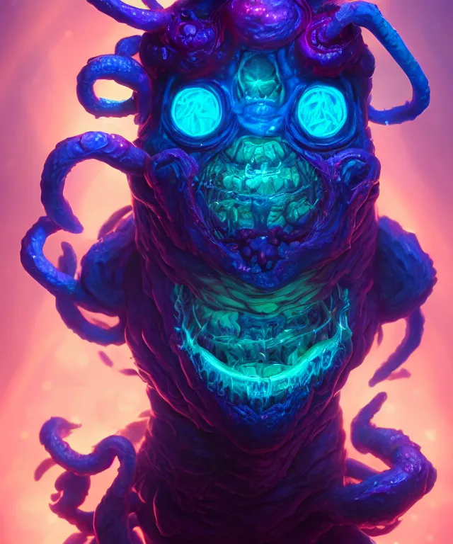 Prompt: a xanathar made of bioluminescence slimy skin, fantasy, elegant, crisp 8 k line art, digital painting, artstation, unreal engine, octane render, emissive lighting, concept art, matte, sharp focus, hyper realistic lighting, illustration, deep royal blue and pink color scheme, art by dave kendall