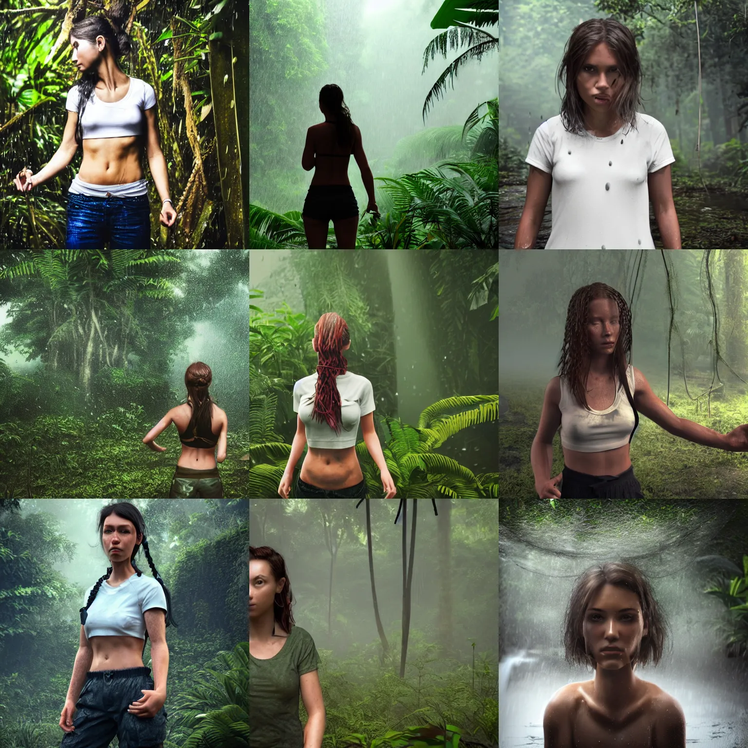 Prompt: adventure girl looks toward camera in jungle rain, soaking white!!!! tshirt tied in knot, ragged!! clothing, fear, short dark hair, sweaty abs, evening, hyperrealistic, unreal engine 5, detailed render, atmospheric haze, dark natural glow, mid distance