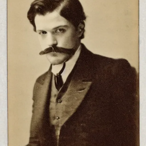 Prompt: headshot edwardian photograph of james mcavoy, sebastian stan, henry cavill, moustache, 1 9 2 0 s film actor, suave, charming, realistic face, 1 9 1 0 s photography, 1 9 0 0 s, grainy, victorian, soft blur