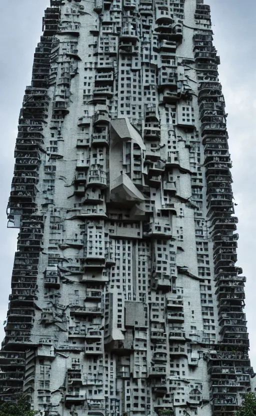 Prompt: giant monster with apartment in its chest, humans looking out from the windows embedded in the monster's chest, living apartment building, apartment building in the shape of a monster, monster made of apartment building