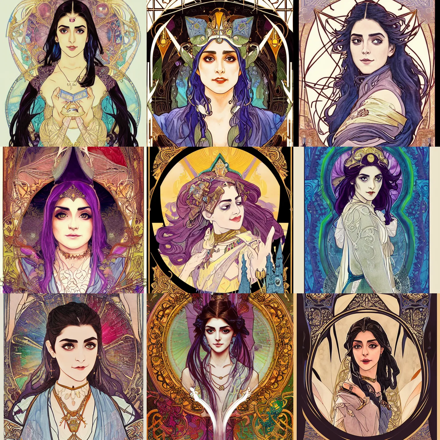 Prompt: masterpiece head-on symmetrical centered bust-view portrait, Maya Ali as D&D sorcerer, Art Nouveau watercolour, wizard robe, delicate, elegant, tarot card background, in the style of ROSSDRAWS and Jesper Ejsing and Mikaloius Konstantinas Ciurlionis and Ruan Jia and Ross Tran and Alphonse Mucha and Ayami Kojima and Charlie Bowater and Karol Bak and Jean Delville, rich bright colours