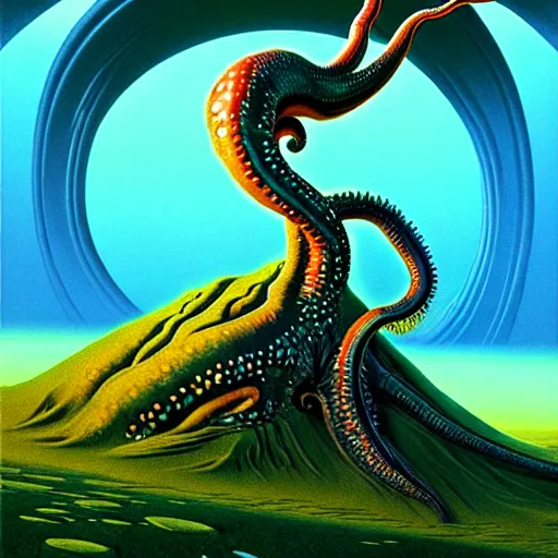 Image similar to highly detailed fantasy art of an alien cephalopod creature in a surreal landscape filled with mountains and mist, diffuse lighting by roger dean, kilian eng, mœbius