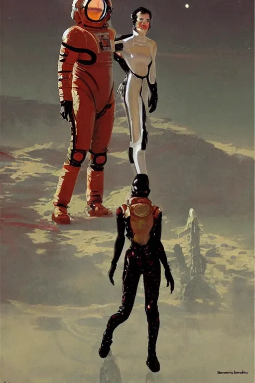 Image similar to pulp scifi fantasy illustration full body portrait of elegant woman wearing latex spacesuit standing beside huge martian, by norman rockwell, jack kirby, bergey, craig mullins, ruan jia, jeremy mann, tom lovell, 5 0 s, astounding stories, fantasy