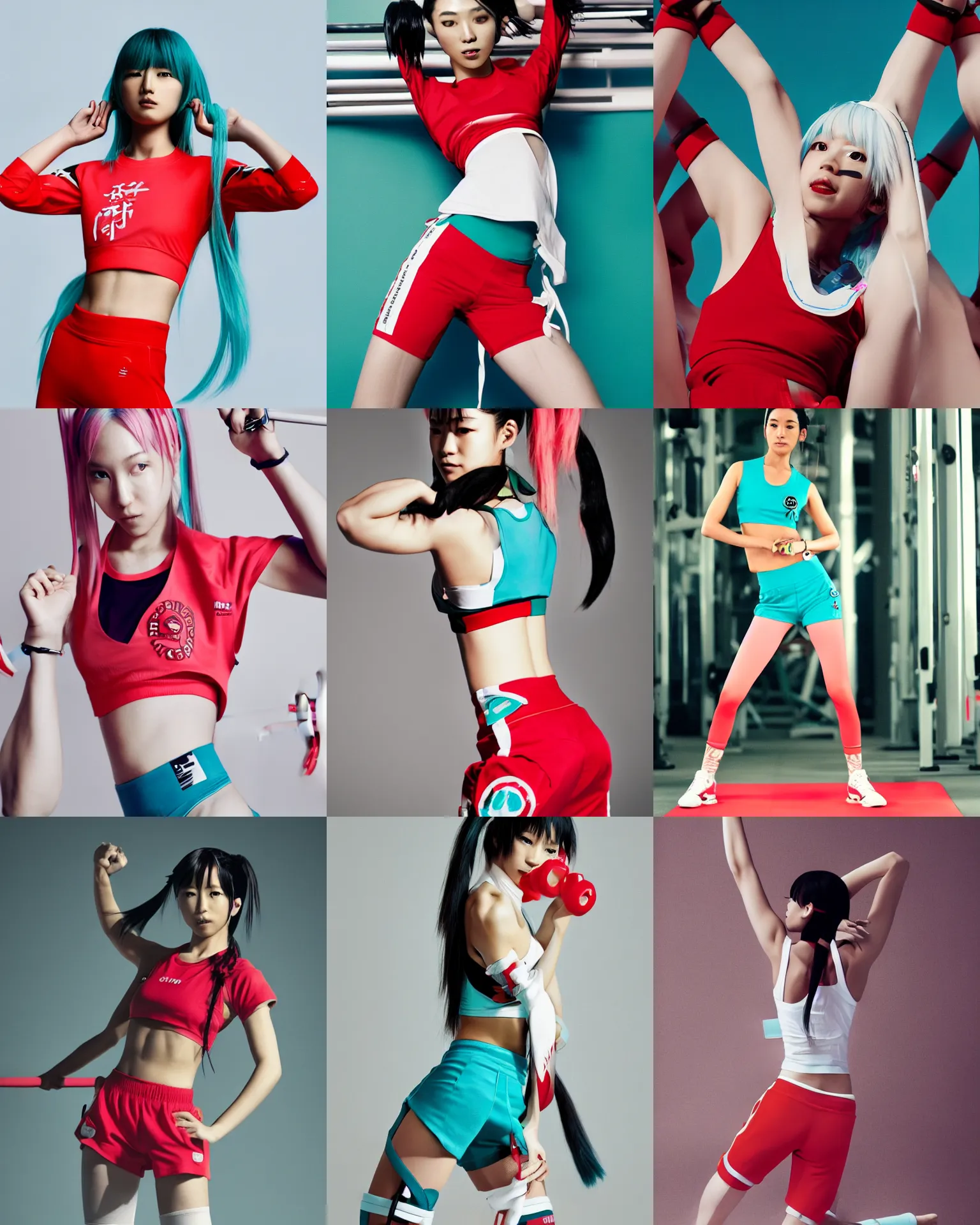 Prompt: hatsune miku wearing crop red gym top with white lettering, cropped red yoga short, Advertising photography by Mario Testino, masterwork, cgstudio