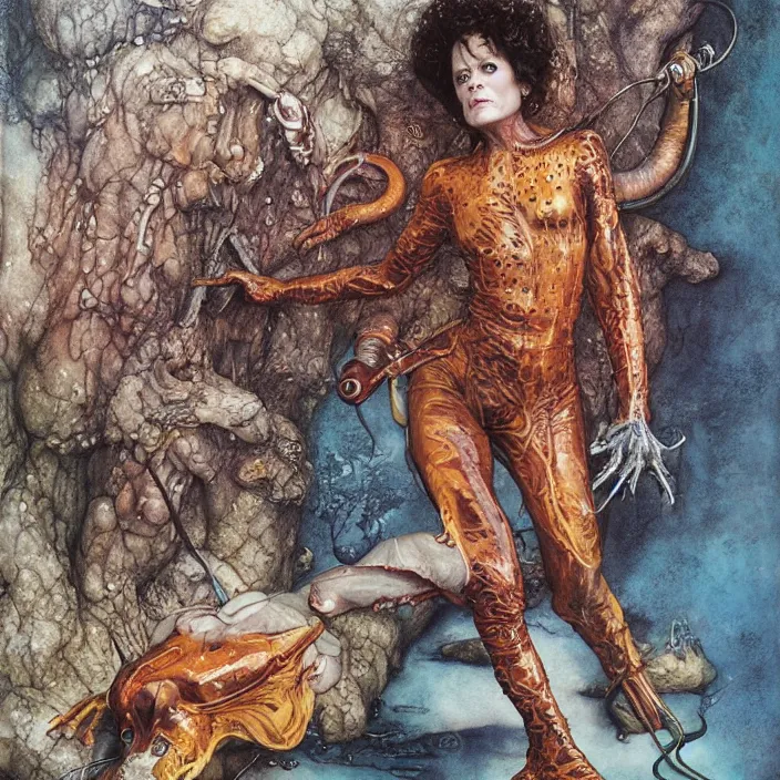 Image similar to a portrait photograph of sigourney weaver as a brightly colored harpy salamander hybrid with wet mutated skin. wearing a prosthetic organic catsuit like a dominatrix. by tom bagshaw, donato giancola, hans holbein, walton ford, gaston bussiere, brian froud, peter mohrbacher and magali villeneuve. 8 k, cgsociety