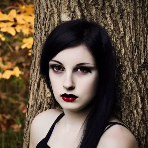 Prompt: photogenic gothic young woman with black hair in dark forest, 8 k, portrait