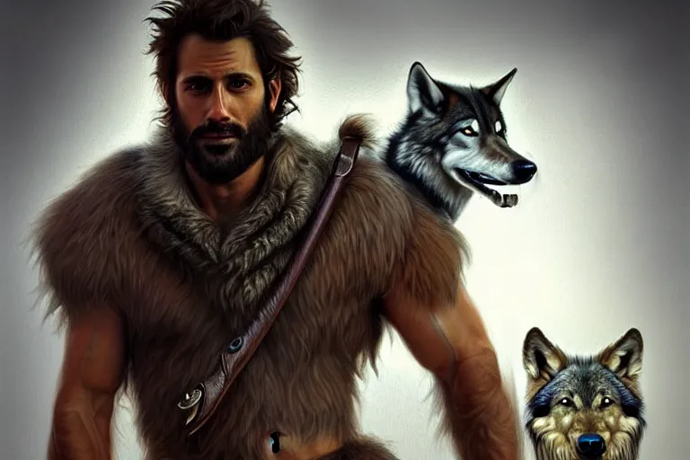 Image similar to photorealistic full body portrait of a gruff ranger with a pet wolf, lean and toned, handsome face, hairy chest and hairy body, D&D, intricate, elegant, highly detailed, digital painting, artstation, concept art, matte, sharp focus, chiaroscuro, well lit, illustration, art by Artgerm and Greg Rutkowski and Alphonse Mucha