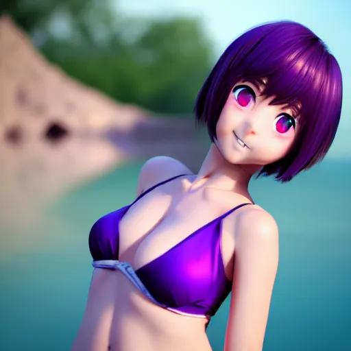 Prompt: render of a very beautiful 3d anime girl, short violet hair, purple eyes, cute freckles, full round face, cute smile, stunning bikini, cold lake setting, medium shot, mid-shot, highly detailed, trending on Artstation, Unreal Engine 4k