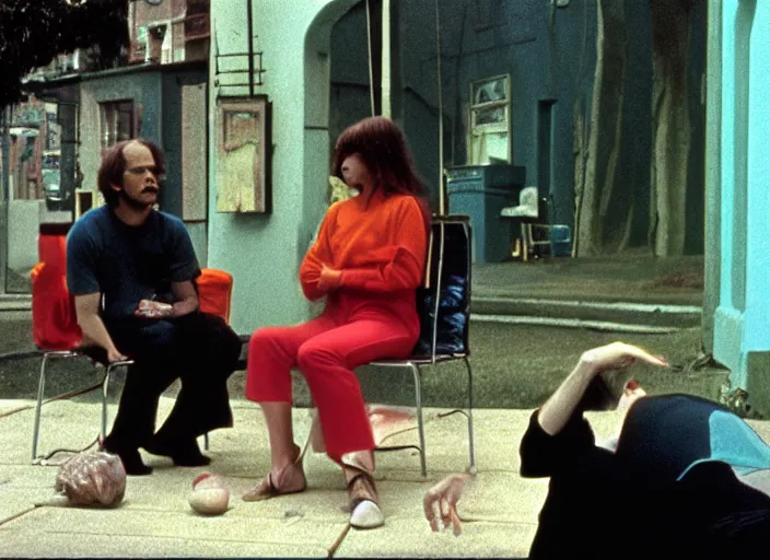 Prompt: still from an 7 0's underground art house movie by alejandro jodorowsky, edward hopper and chris cunningham : : outdoors scene, close - up of actors holding surreal props in an urban setting : : intense discussion and body language : : cinestill 8 0 0 tungsten 3 5 mm, high quality, triadic color scheme, technicolor