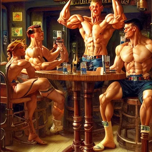 Prompt: attractive muscular aliens with brunet hair and attractive muscular alien with blond hair. pants and shorts, drinking their hearts out, in a pub. very defined and detailed painting by j. c. leyendecker, gaston bussiere, craig mullins 8 k