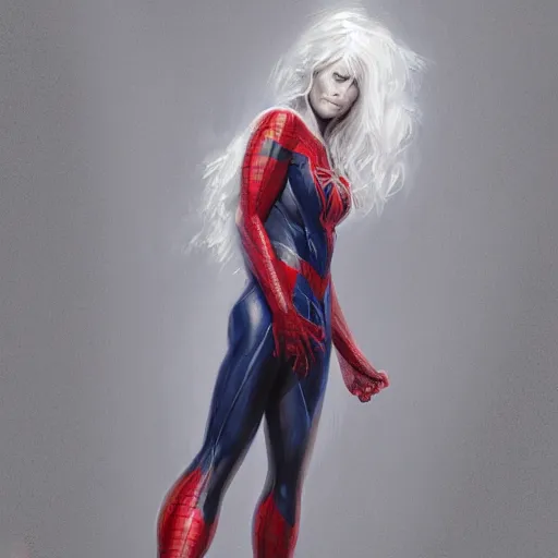 Image similar to full body portrait of white haired woman in spider man suit, super hero, webs, highly detailed!! digital painting, artstation, concept art smooth, sharp focus, greg rutkowski, artey freytag