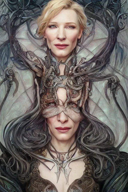 Prompt: cate blanchett, anatomy, cute, fantasy, intricate, elegant, highly detailed, digital painting, 4 k, hdr, concept art, smooth, sharp focus, illustration, art by artgerm and h r giger and alphonse mucha