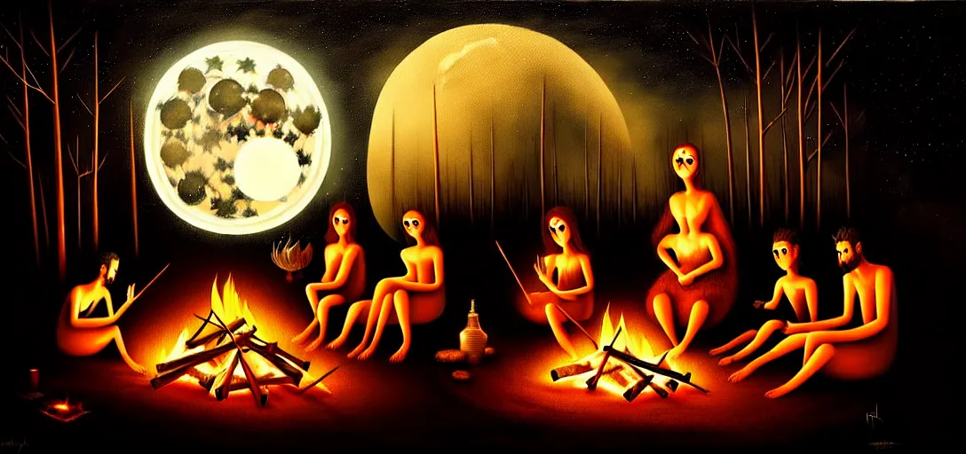 Image similar to strange mythical beasts of sitting around a fire under a full moon, surreal dark uncanny painting by ronny khalil