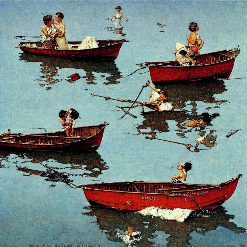 Prompt: a boat on the sea, oil on canvas, by norman rockwell