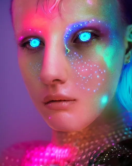 Image similar to natural light, soft focus portrait of an android with soft synthetic pink skin, blue bioluminescent plastics, smooth shiny metal, elaborate electronic jewellery, screens for eyes, leds, piercings, face tattoo, skin textures, by annie liebovotz, paul lehr,