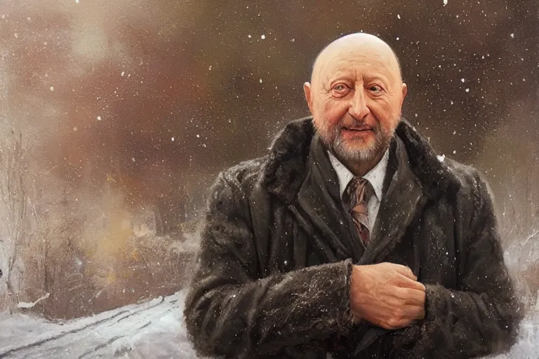 Image similar to portrait of donald pleasents in an overcoat outside smiths grove, an oil painting by ross tran and thomas kincade