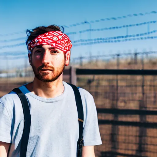 Prompt: young white guy in a red bandana staring at a blue sky with a fence in the background, photo, photoshoot, detailed