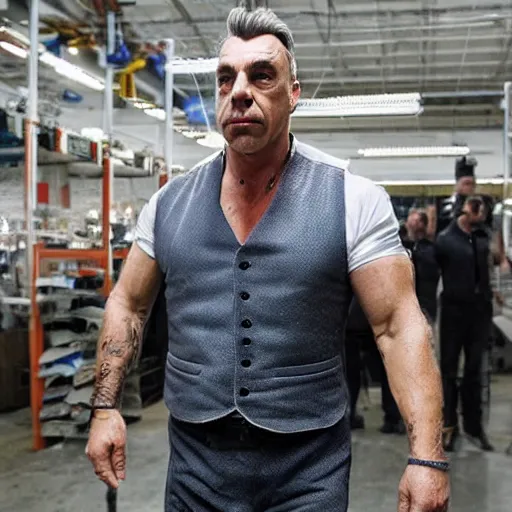 Image similar to till lindemann inspecting a factory which produces clones of putin