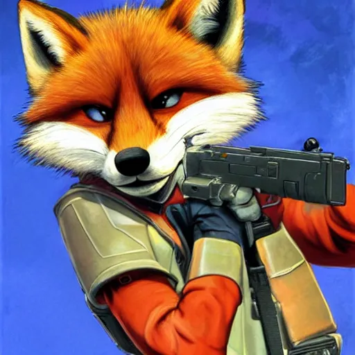 Image similar to an action portrait of fox mccloud holding a blaster, suspenseful, heroic, anthropomorphic furaffinity furry fursona art, star fox, by peter elson