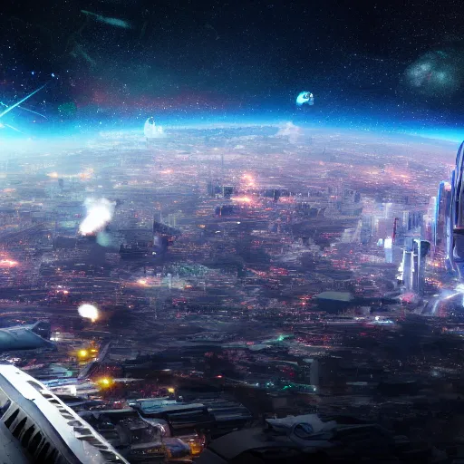 Prompt: gigantic city seen from spce with cinematic light, 8 k landscape render, space japan mech in the space