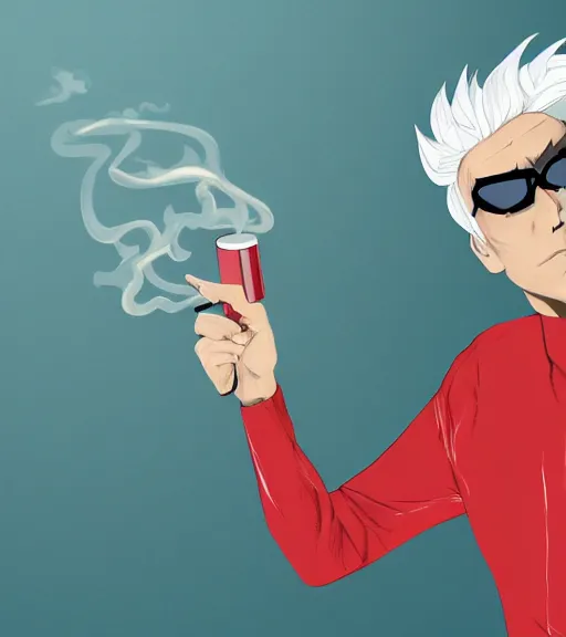 Image similar to young man in red jacket and white shirt, white hair, round goggles, smoking cigarette, character portrait, sharp focus, illustration, high detailed