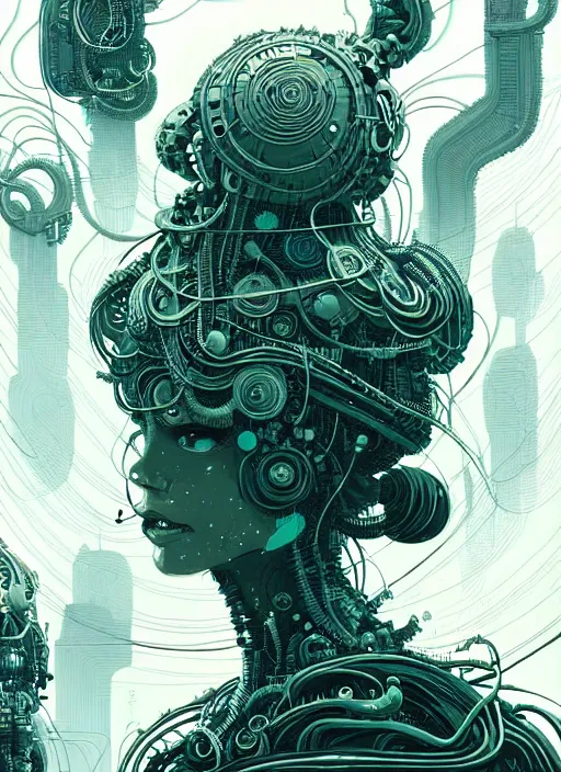 Image similar to highly detailed portrait of a biopunk long curly white hair tribal lady, stray wiring by atey ghailan, james gilleard, by joe fenton, by greg rutkowski, by greg tocchini, by kaethe butcher, 4 k resolution, gradient green, black and white color scheme!!! ( ( irradiated robotic mountain landscape background ) )