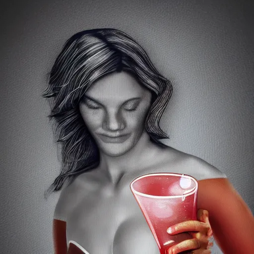 Image similar to close - up of white reneissance head holding a coctail, colorful coctail, digital painting, 3 d render, above the waist