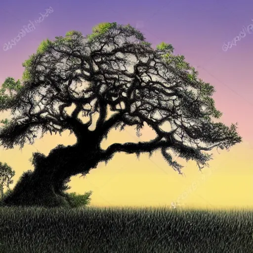 Prompt: beautiful drawing of an oak tree growing in the middle of a lake at dusk