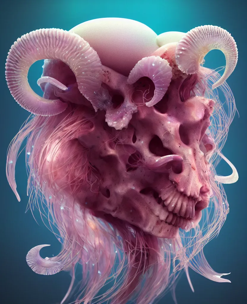 Image similar to goddess princess beautiful face close-up portrait ram skull fluffy toy. jellyfish phoenix head, nautilus, orchid, skull, betta fish, bioluminiscent creatures, intricate artwork by Tooth Wu and wlop and beeple. octane render, trending on artstation, greg rutkowski very coherent symmetrical artwork. cinematic, hyper realism, high detail, octane render, 8k