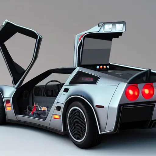 Image similar to a corvette c 8 that looks like a delorean time machine from back to the future, outside, on road, highly detailed, epic lighting, hyper photorealism, 8 k