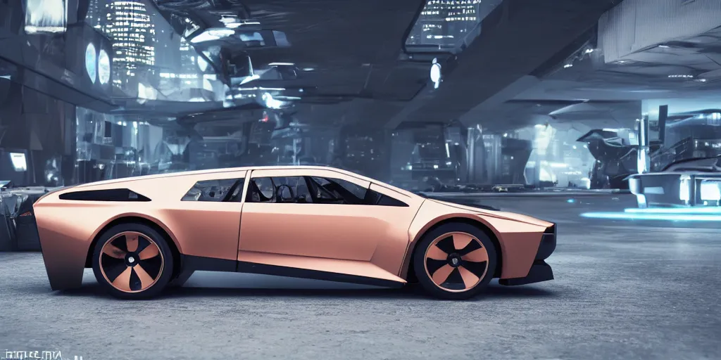 Image similar to a design of a futuristic DMC Delorian, designed by Polestar, blade runner background, back view, light copper car paint, black windows, sportscar, black show room, dramatic lighting, octane rendering, unreal engine rendering, hyper realistic render, depth of field, octane rendering