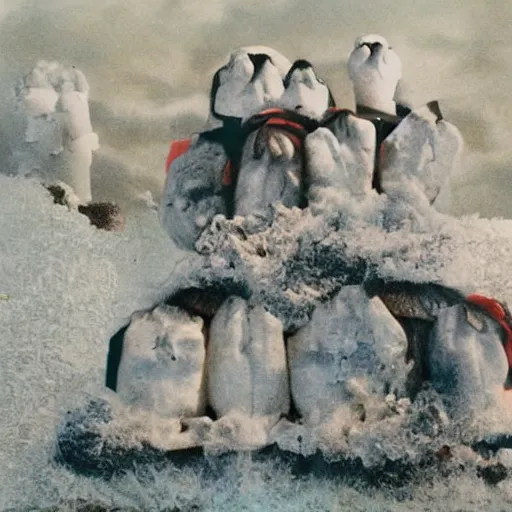 Prompt: polaroid photo of fluffy clouds in the sky looking like stay puft marshmellow man