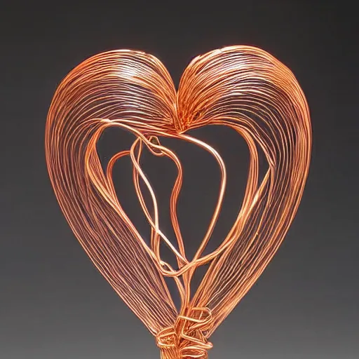 Image similar to a very beautiful tiny ( ( ( ( human heart ) ) ) )!!!!!!!!!!!!!!!!!!!!!!!!! organic sculpture made of copper wire and threaded pipes, very intricate, curved. studio lighting, high resolution, high quality, black background