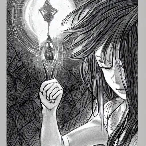 Image similar to A girl open a portal to a fantasy world, manga sketch