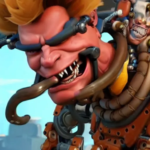 Image similar to a screenshot of junkrat arnold schwarzenegger as junkrat in overwatch