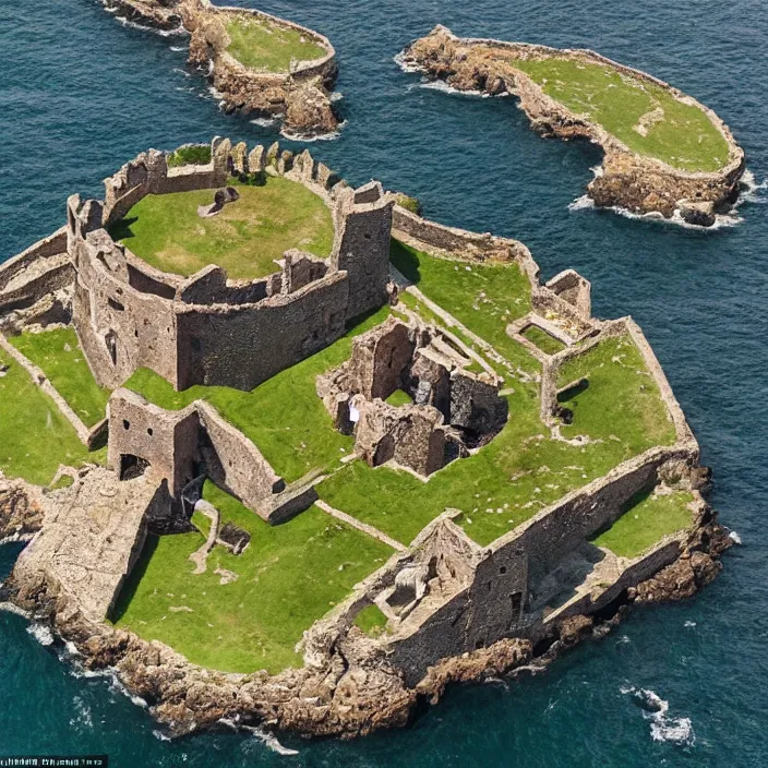 Image similar to aerial view of an ancient fortress from above on a hill by the ocean shaped exactly like the punisher symbol detailed