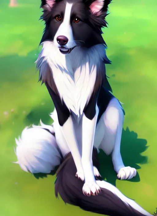 Image similar to wide angle beautiful full body portrait of a cute male anthropomorphic border collie fursona wearing a t - shirt and posing in front of a park, character design by charlie bowater, henry asencio, and ross tran, furry art, furaffinity, scenic background, beautiful, glamor pose, detailed, aesthetic, trending on artstation