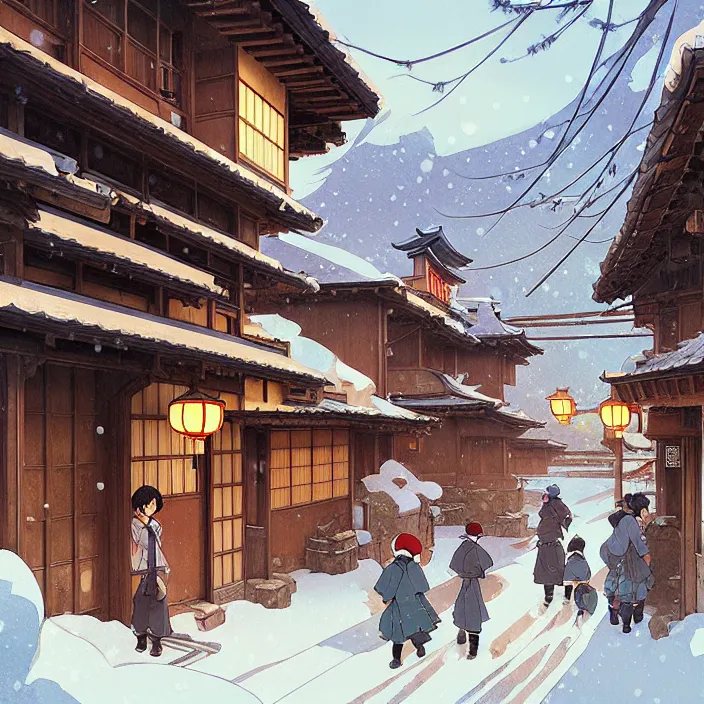 Image similar to japanese rural town, winter, in the style of studio ghibli, j. c. leyendecker, greg rutkowski, artem