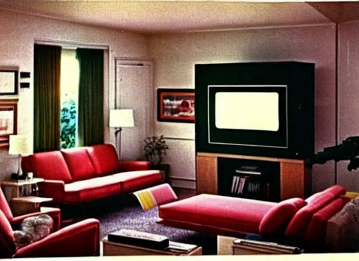 Image similar to a living room in 1982! A square CRT TV is on, with Netflix on the screen!!!!! Disposable camera