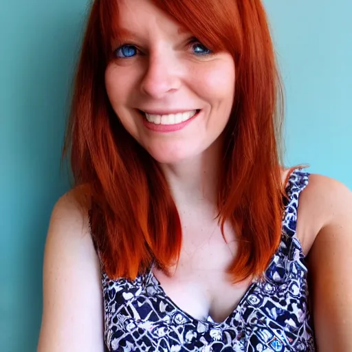 Prompt: selfie of a beautiful woman with auburn hair and blue eyes, wearing a sundress, smiling at the camera, 4 k