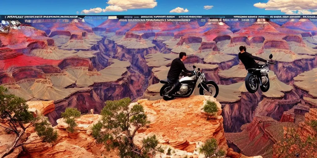 Prompt: a man on a motorcycle jumping the Grand Canyon, wide angle, super highly detailed, professional digital painting, artstation, concept art, smooth, sharp focus, no blur, no dof, extreme illustration, Unreal Engine 5, Photorealism, HD quality, 8k resolution, cinema 4d, 3D, beautiful, cinematic, art by artgerm and greg rutkowski and alphonse mucha and loish and WLOP