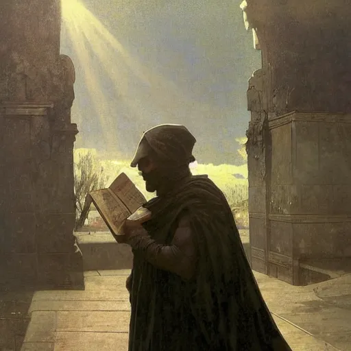 Image similar to half portait of magican wearing a closed cowl holding a big old book!, jeremy mann, jean leon gerome, alphonse mucha, greg rutkowski, hood covers his eyes, chains on his wrist, ( ( ruins of ancient rome ) ), at dusk, mysterious atmosphere, sunrays, dof, masterpiece, high detailed, 8 k