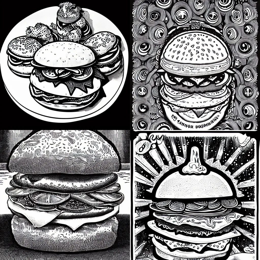 Prompt: hamburger, drawn by Joe Fenton