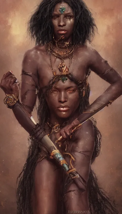 Image similar to epic masterpiece portrait of a dark skin sorceress with a magic wand, on the battlefield, african tribe makeup and jewelry, sweaty skin, hyperrealistic, octane render, cinematic, followed by heads with many faces, beautiful face and flawless skin, perfect hands, emeralds by Edgar Maxence and Ross Tran and Michael Whelan, Legends of Runeterra