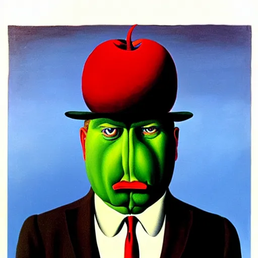 Prompt: devil boss in hell, oil painting by rene magritte