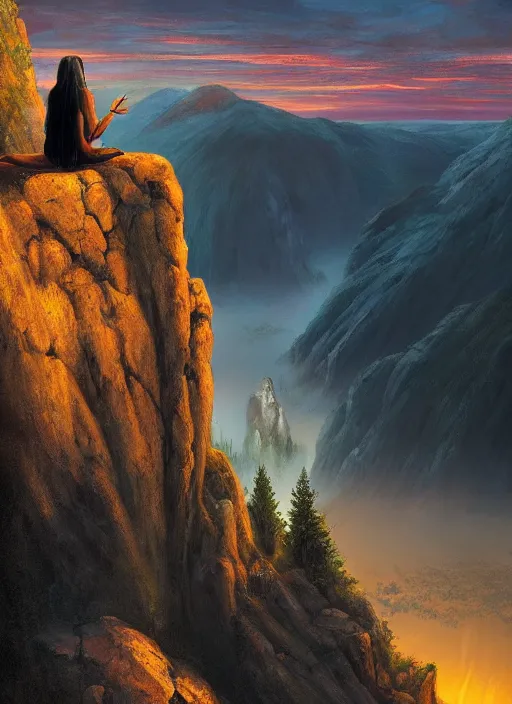 Image similar to an shaman sitting at the top of a cliff, looking down at the valley, doing a vision quest, beautiful sunset, dramatic lighting, fantasy art, smooth matte painting